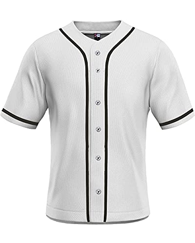 MOLPE Men's Blank Plain Hip Hop Hipster Button Down Baseball Jersey - White-2
