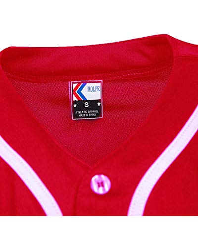 MOLPE Men's Blank Plain Hip Hop Hipster Button Down Baseball Jersey - Red-1