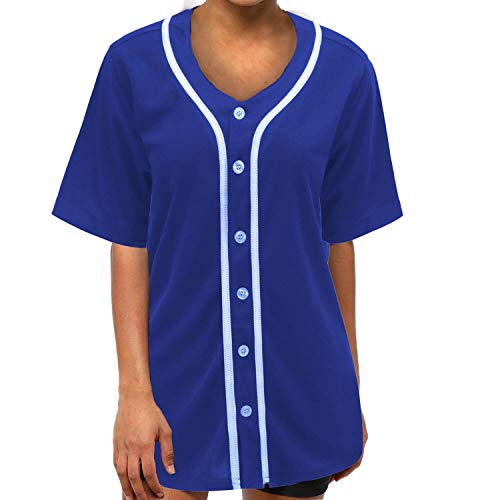 MOLPE Women Hip Hop Hipster Button Down Baseball Jersey, Blue -1
