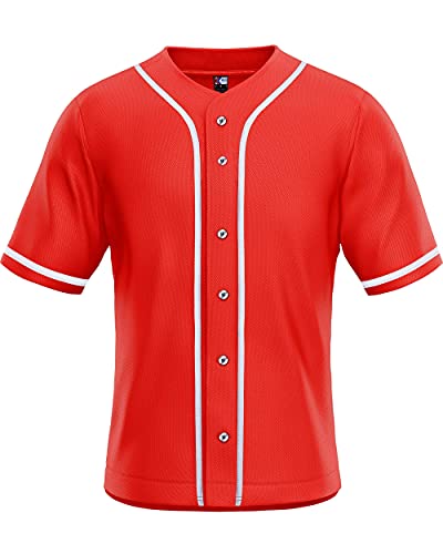 MOLPE Men's Blank Plain Hip Hop Hipster Button Down Baseball Jersey - Red-2