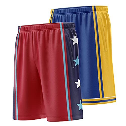 MOLPE Mens Basketball Shorts with Pockets 2 Pack, Polyester Gym Active Athletic Performance Workout Shorts (Blue/Red, S)