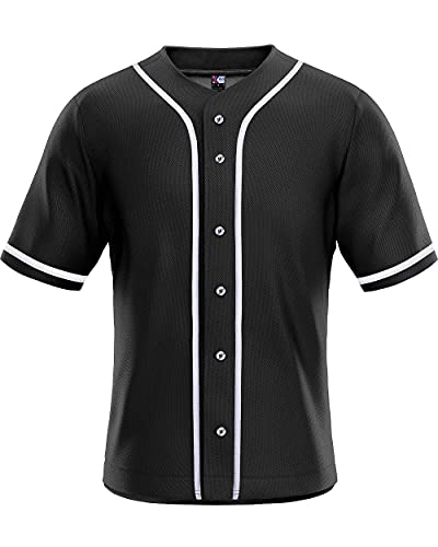 MOLPE Men's Blank Plain Hip Hop Hipster Button Down Baseball Jersey - Black/White-2