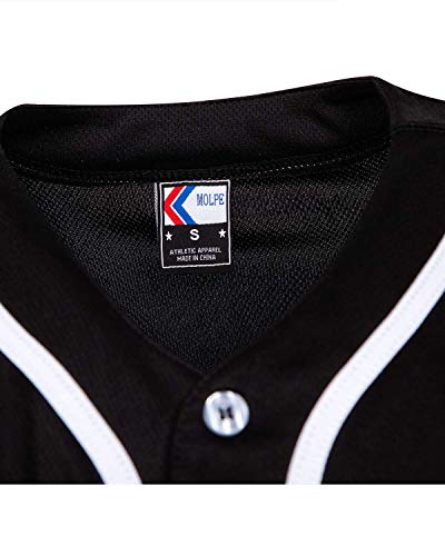MOLPE Men's Blank Plain Hip Hop Hipster Button Down Baseball Jersey - Black/White-1