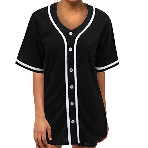 MOLPE Women Button Down Baseball Jersey, Black -2