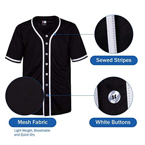 MOLPE Men's Blank Plain Hip Hop Hipster Button Down Baseball Jersey - Black/White-2