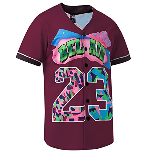 MOLPE Bel-Air 23 Printed Baseball Jersey for Men and Women, Wine Red