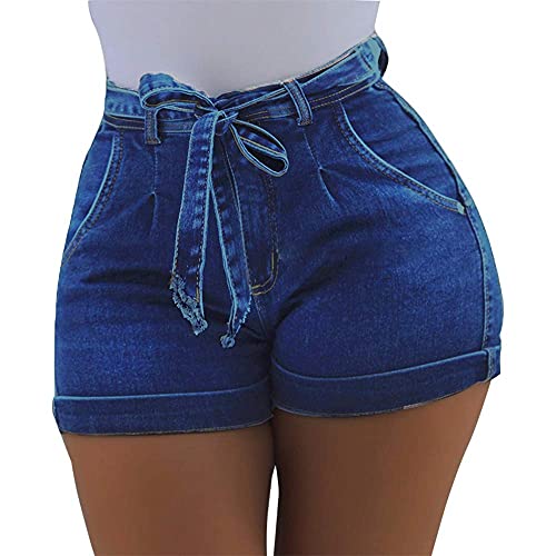 MOLPE Women's Sexy Jean Shorts, Elastic High Waist Summer Denim Shorts with Belt, Stretchy Jean Booty Casual Shorts (Dark-Blue, S)