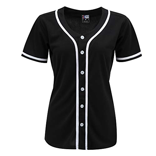 MOLPE Women Button Down Baseball Jersey, Black -2