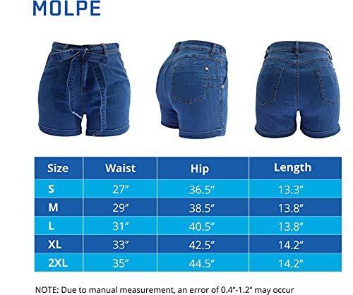 MOLPE Women's Sexy Jean Shorts, Elastic High Waist Summer Denim Shorts with Belt, Stretchy Jean Booty Casual Shorts (Dark-Blue, S)