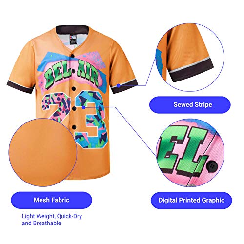 MOLPE Bel-Air 23 Printed Baseball Jersey, 90S Hip-Hop Clothing for Party Orange