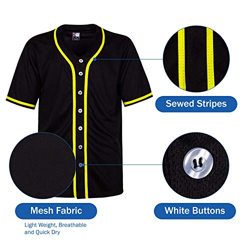 MOLPE Men's Blank Plain Hip Hop Hipster Button Down Baseball Jersey - Black/Gold