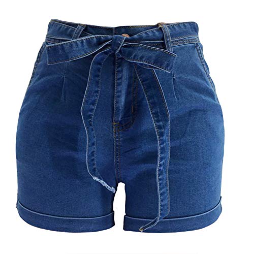 MOLPE Women's Sexy Jean Shorts, Elastic High Waist Summer Denim Shorts with Belt, Stretchy Jean Booty Casual Shorts (Dark-Blue, S)