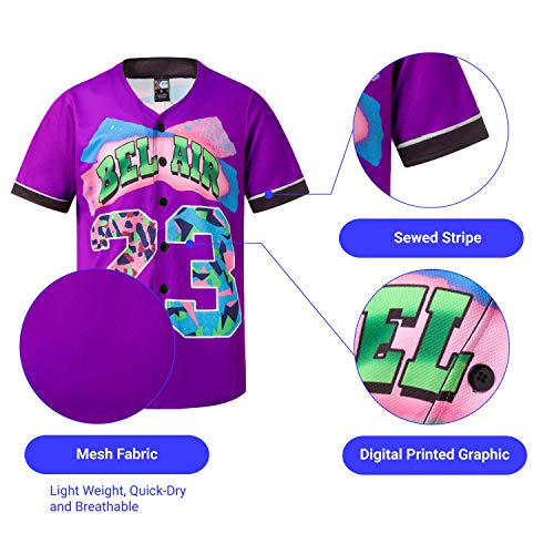 MOLPE Bel-Air 23 Printed Baseball Jersey for Men and Women, Purple