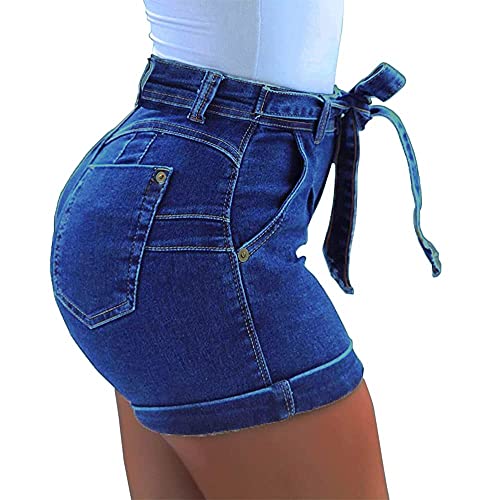 MOLPE Women's Sexy Jean Shorts, Elastic High Waist Summer Denim Shorts with Belt, Stretchy Jean Booty Casual Shorts (Dark-Blue, S)