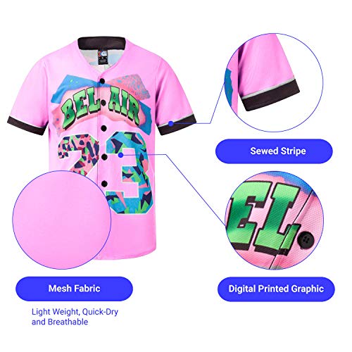 MOLPE Bel-Air 23 Printed Baseball Jersey for Men and Women, Pink