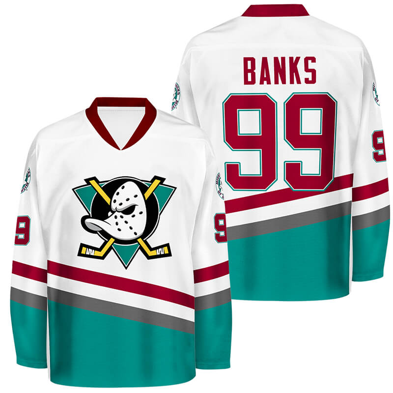 Mens Adam Banks 99#Mighty Ducks Movie Ice Hockey Jerseys Stitched White S-3xl