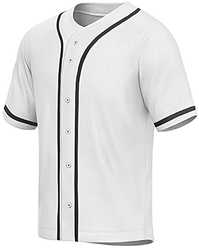 MOLPE Men's Blank Plain Hip Hop Hipster Button Down Baseball Jersey - Black/White-2