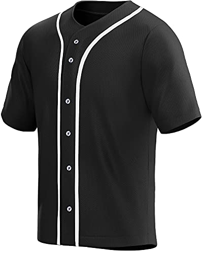 MOLPE Men's Blank Plain Hip Hop Hipster Button Down Baseball Jersey - Black/White-1