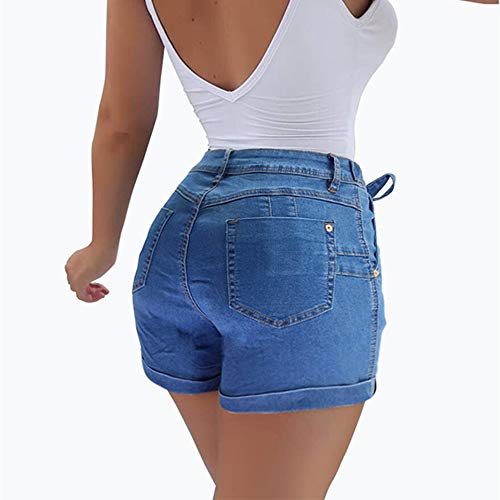 MOLPE Women's Sexy Jean Shorts, Elastic High Waist Summer Denim Shorts with Belt, Stretchy Jean Booty Casual Shorts (Dark-Blue, S)