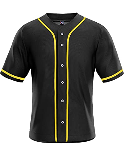 MOLPE Men's Blank Plain Hip Hop Hipster Button Down Baseball Jersey - Black/Gold