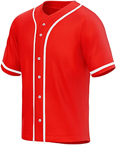 MOLPE Men's Blank Plain Hip Hop Hipster Button Down Baseball Jersey - Red-2