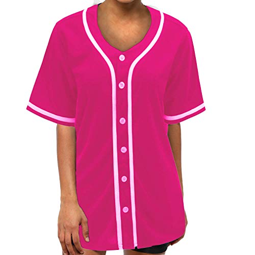 MOLPE Women Hip Hop Hipster Button Down Baseball Jersey, Hot Pink -2