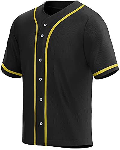 MOLPE Men's Blank Plain Hip Hop Hipster Button Down Baseball Jersey - Black/Gold