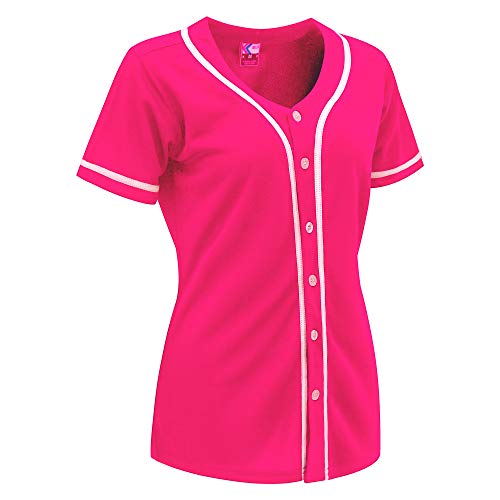 MOLPE Women Hip Hop Hipster Button Down Baseball Jersey, Hot Pink -2