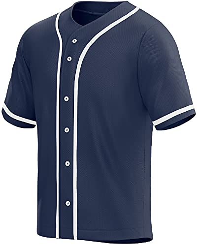 MOLPE Men's Blank Plain Hip Hop Hipster Button Down Baseball Jersey - Navy
