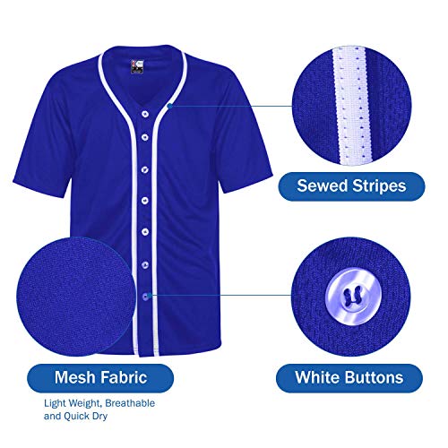 MOLPE Men's Blank Plain Hip Hop Hipster Button Down Baseball Jersey - Blue-1
