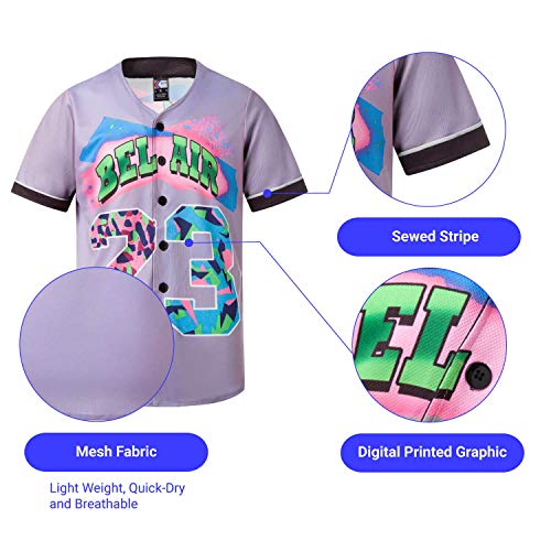 MOLPE Bel-Air 23 Printed Baseball Jersey for Men and Women, Grey