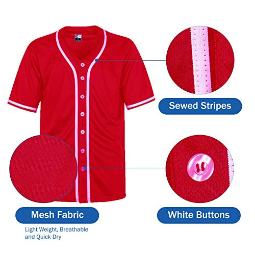 MOLPE Men's Blank Plain Hip Hop Hipster Button Down Baseball Jersey - Red-2