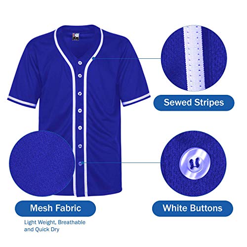 MOLPE Men's Blank Plain Hip Hop Hipster Button Down Baseball Jersey - Blue-2