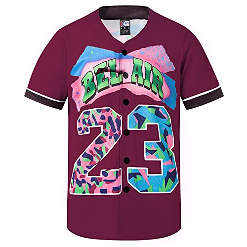 MOLPE Bel-Air 23 Printed Baseball Jersey for Men and Women, Wine Red