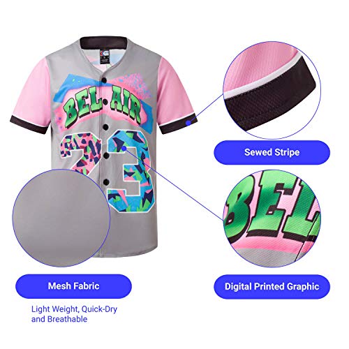 MOLPE Bel-Air 23 Printed Baseball Jersey for Men and Women, Grey & Pink