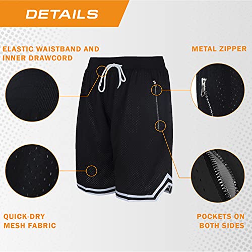 MOLPE Men's Basketball Shorts with Zipper Pockets, Mesh Polyester Gym Active Athletic Performance Workout Shorts (Black, S, s)