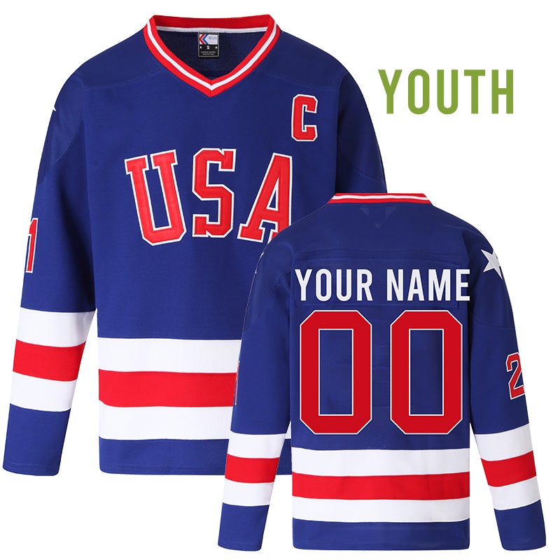 Youth Custom Miracle on Ice Team USA Hockey Jersey Blue freeshipping - Jersey One